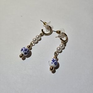 Gold Colored Earrings With Faux Pearl And Faux Porcelain Floral Printed Beads